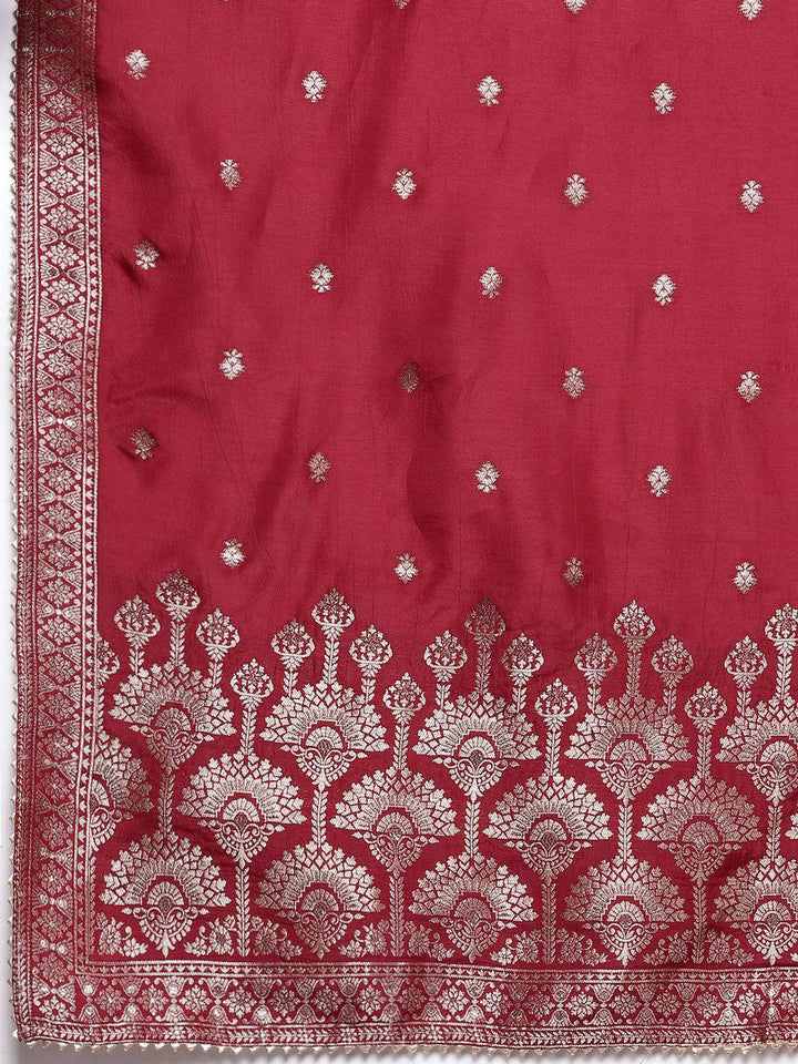 Maroon Woven Design Silk Straight Kurta With Trousers & Dupatta - ShopLibas