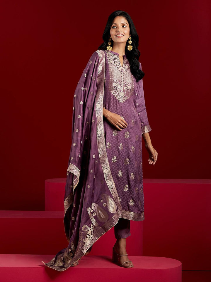 Libas Art Purple Self Design Silk Straight Kurta With Trousers & Dupatta - ShopLibas