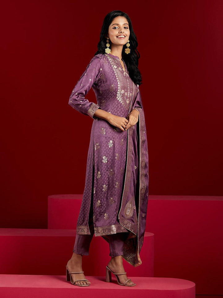 Libas Art Purple Self Design Silk Straight Kurta With Trousers & Dupatta - ShopLibas