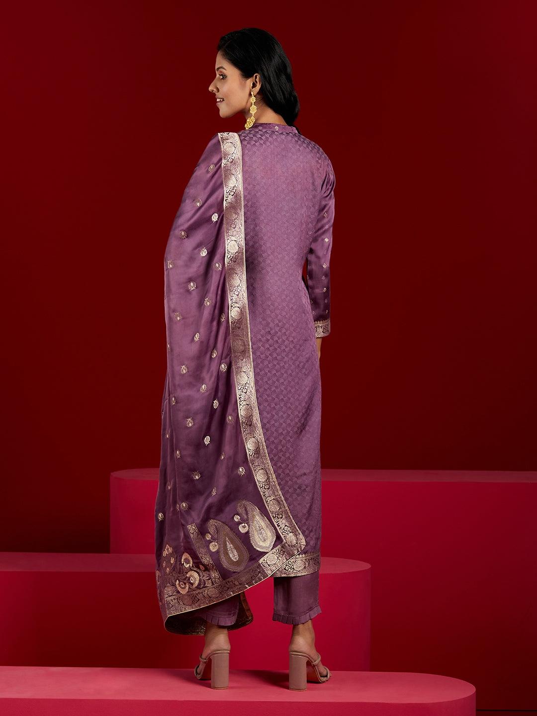 Libas Art Purple Self Design Silk Straight Kurta With Trousers & Dupatta - ShopLibas