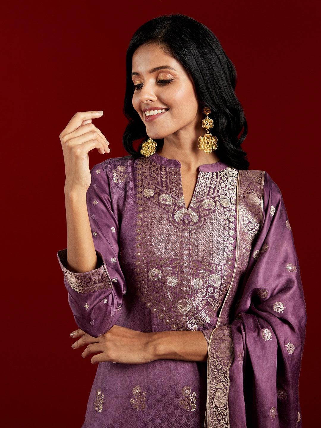 Libas Art Purple Self Design Silk Straight Kurta With Trousers & Dupatta - ShopLibas
