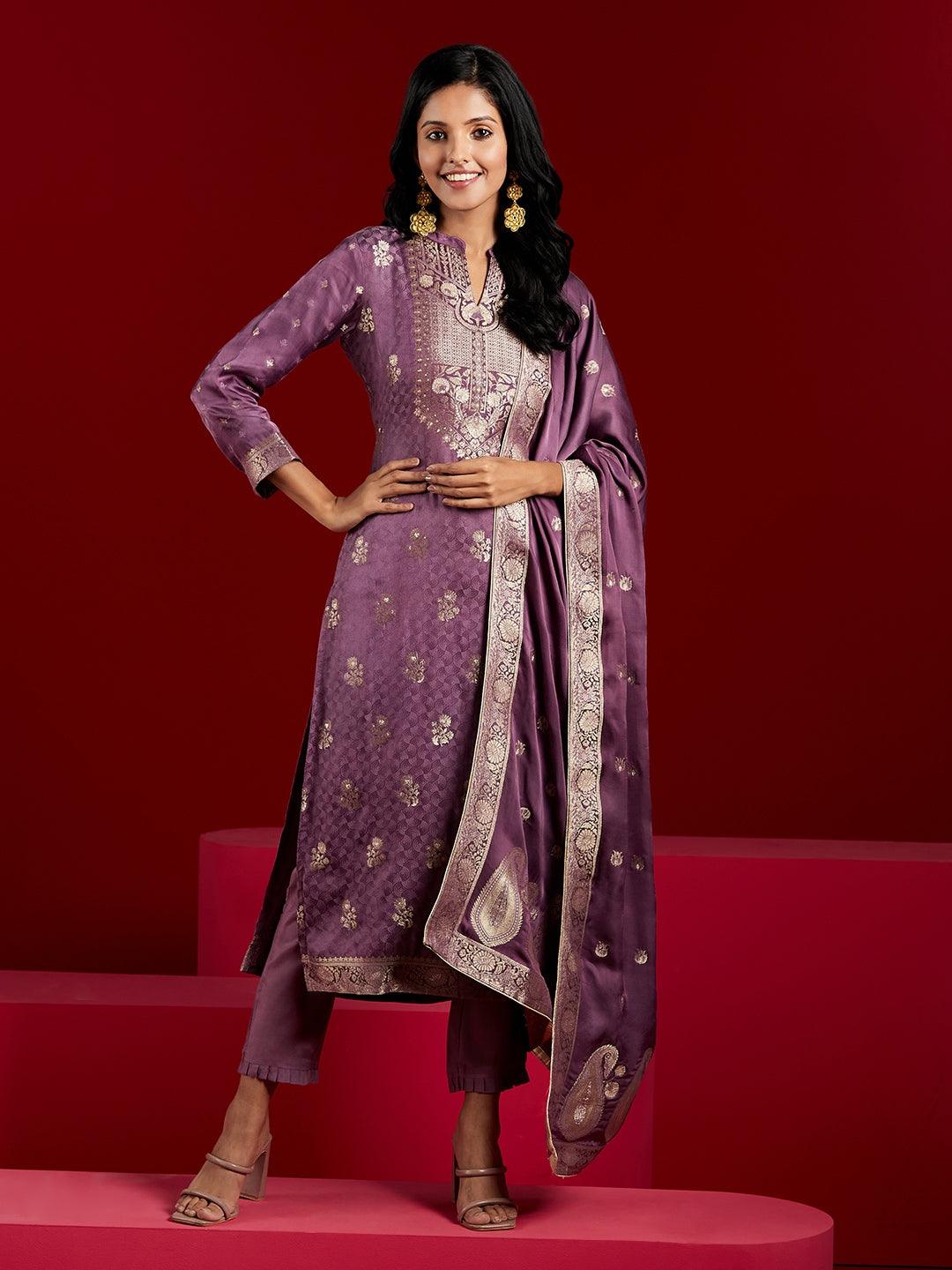 Libas Art Purple Self Design Silk Straight Kurta With Trousers & Dupatta - ShopLibas