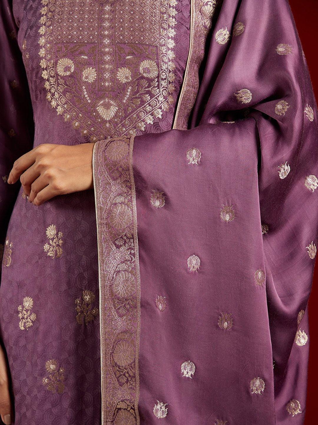 Libas Art Purple Self Design Silk Straight Kurta With Trousers & Dupatta - ShopLibas