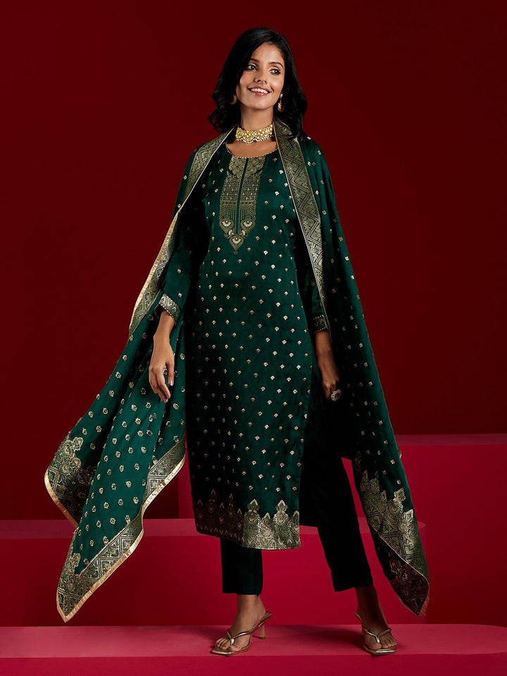 Libas Art Green Woven Design Silk Straight Kurta With Trousers & Dupatta - ShopLibas