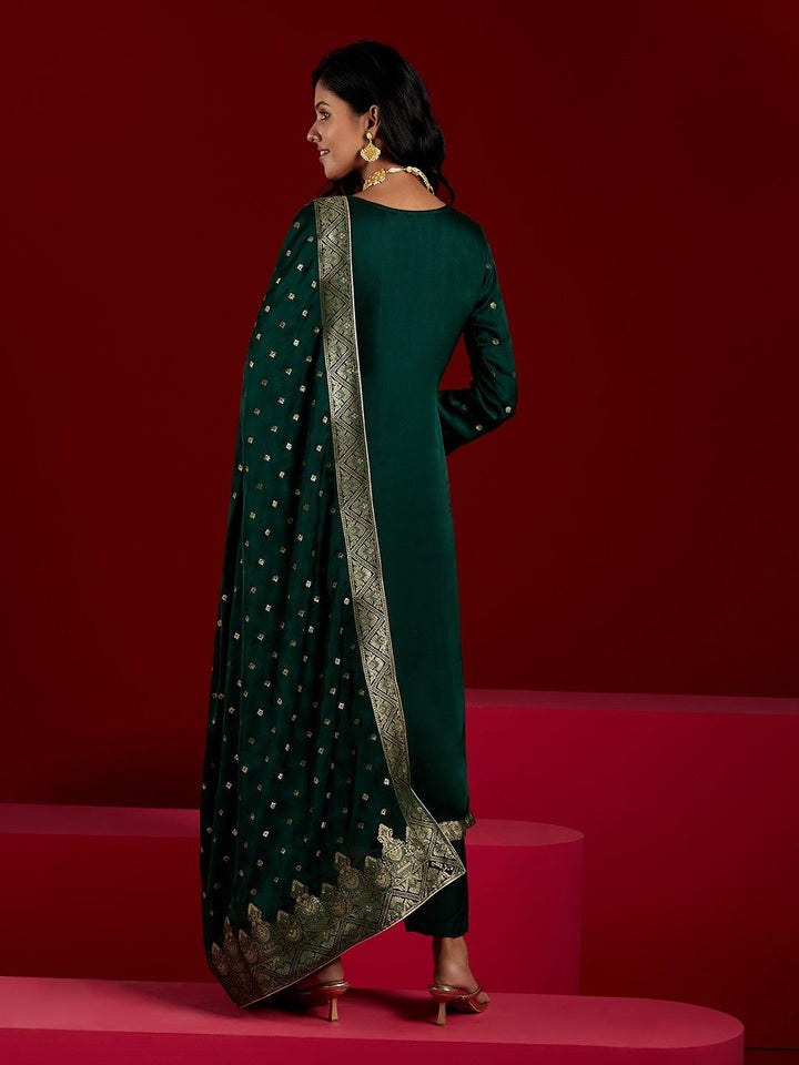 Libas Art Green Woven Design Silk Straight Kurta With Trousers & Dupatta - ShopLibas
