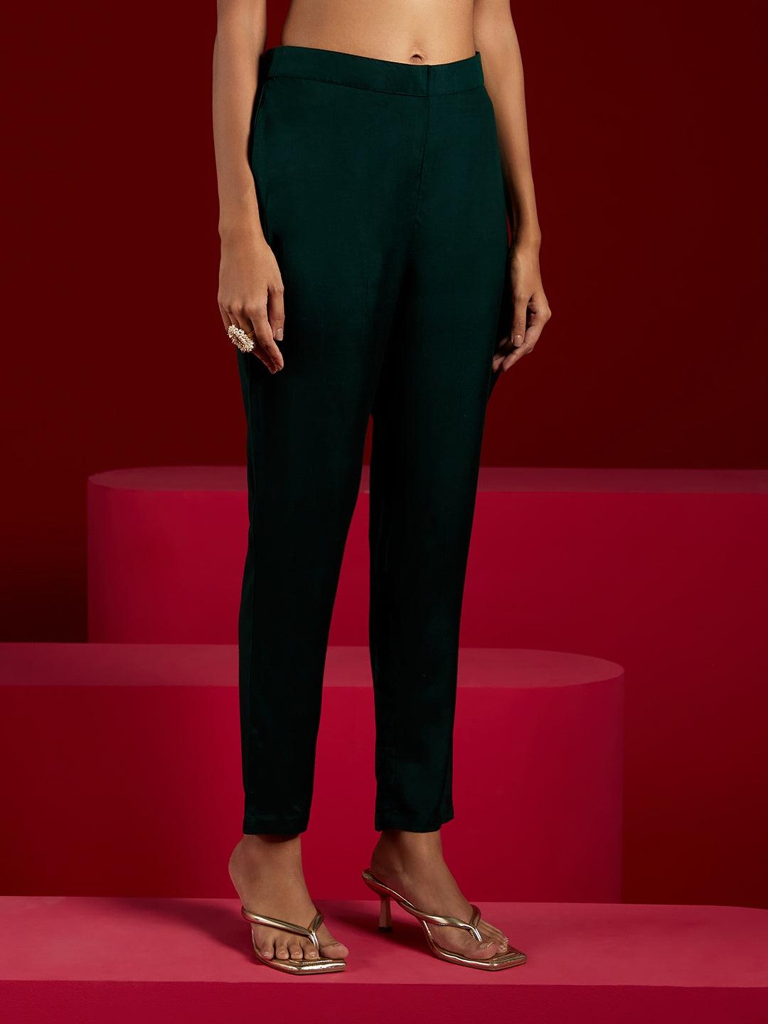 Libas Art Green Woven Design Silk Straight Kurta With Trousers & Dupatta - ShopLibas