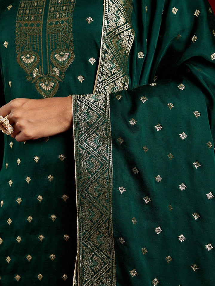 Libas Art Green Woven Design Silk Straight Kurta With Trousers & Dupatta - ShopLibas