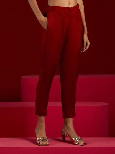 Libas Art Maroon Woven Design Silk Straight Kurta With Trousers & Dupatta - ShopLibas
