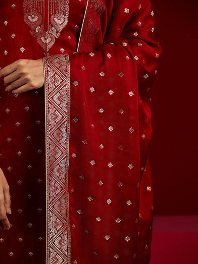 Libas Art Maroon Woven Design Silk Straight Kurta With Trousers & Dupatta - ShopLibas