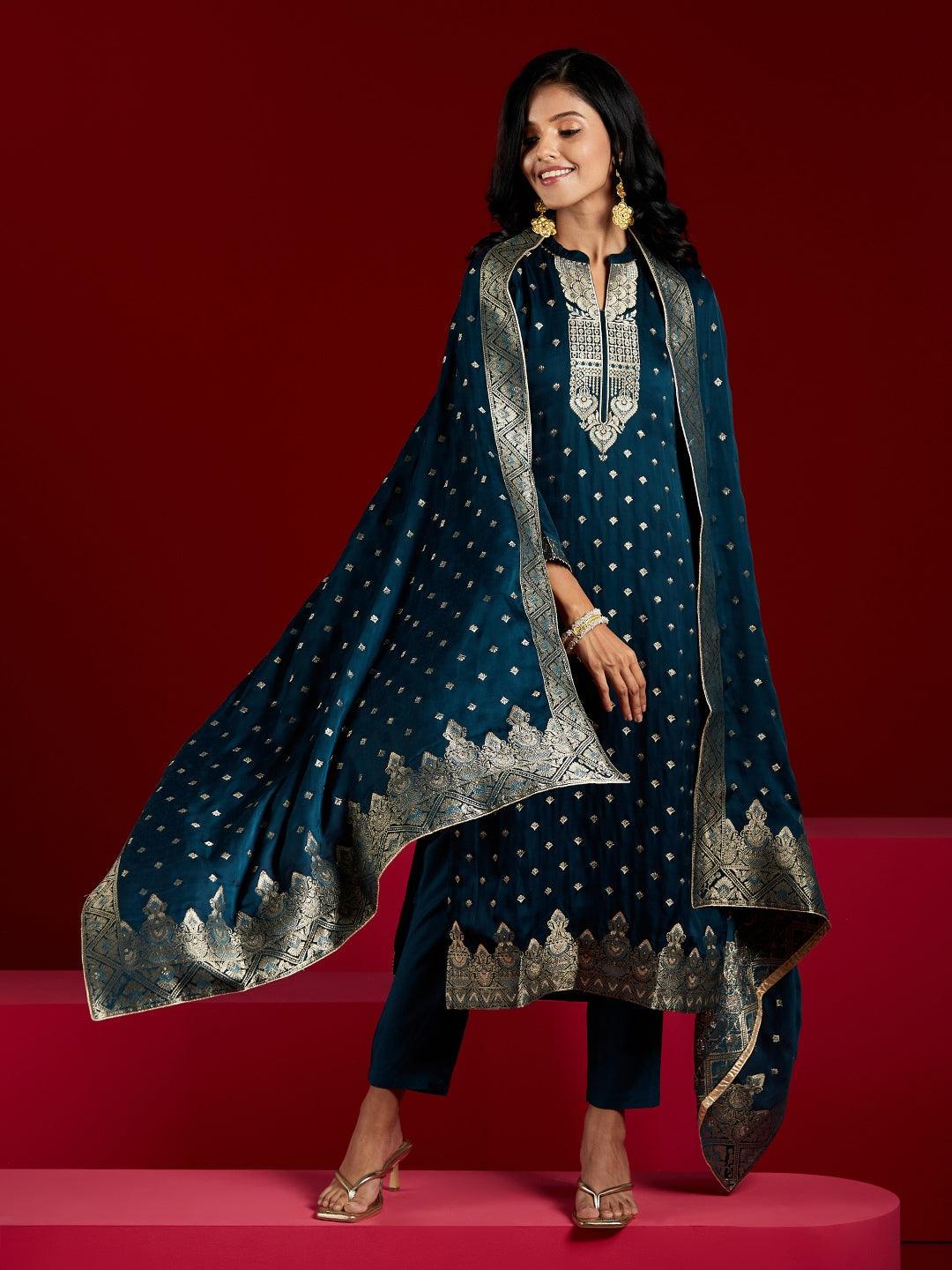 Libas Art Teal Woven Design Silk Straight Kurta With Trousers & Dupatta - ShopLibas