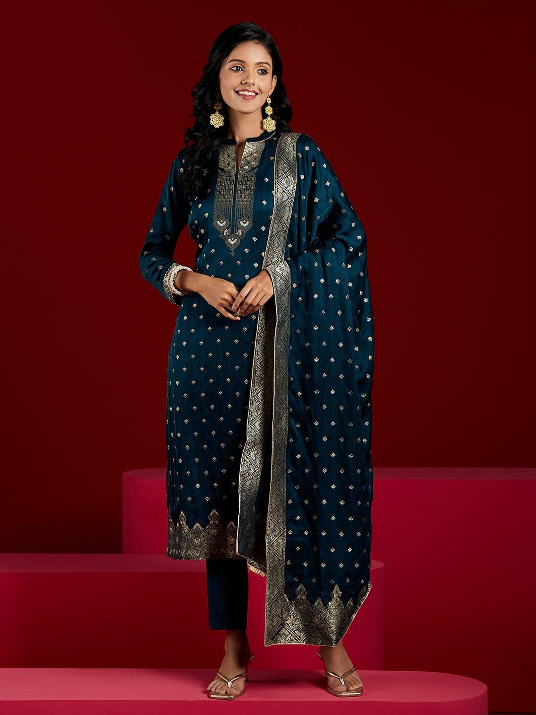 Libas Art Teal Woven Design Silk Straight Kurta With Trousers & Dupatta - ShopLibas