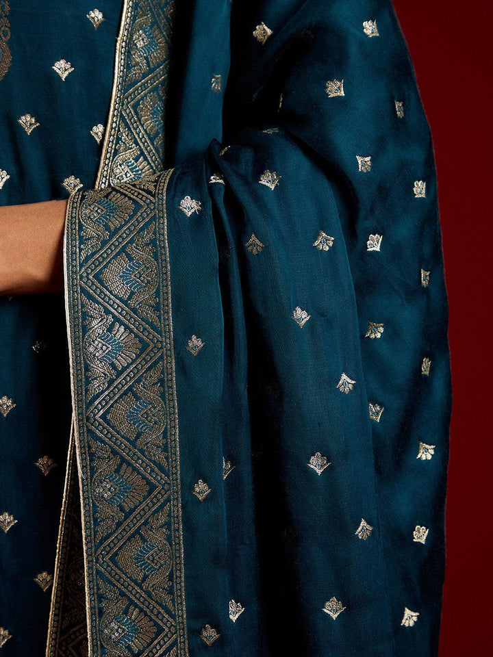 Libas Art Teal Woven Design Silk Straight Kurta With Trousers & Dupatta - ShopLibas