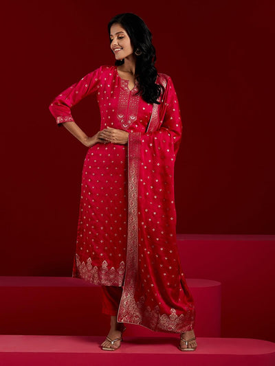 Libas Art Pink Woven Design Silk Straight Kurta With Trousers & Dupatta - ShopLibas