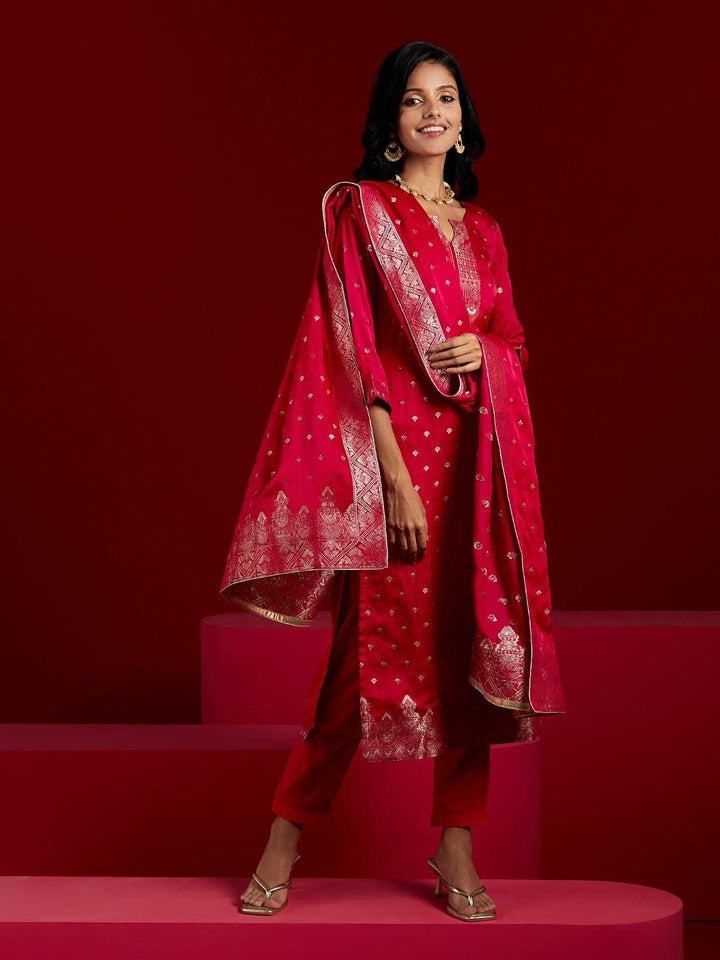 Libas Art Pink Woven Design Silk Straight Kurta With Trousers & Dupatta - ShopLibas
