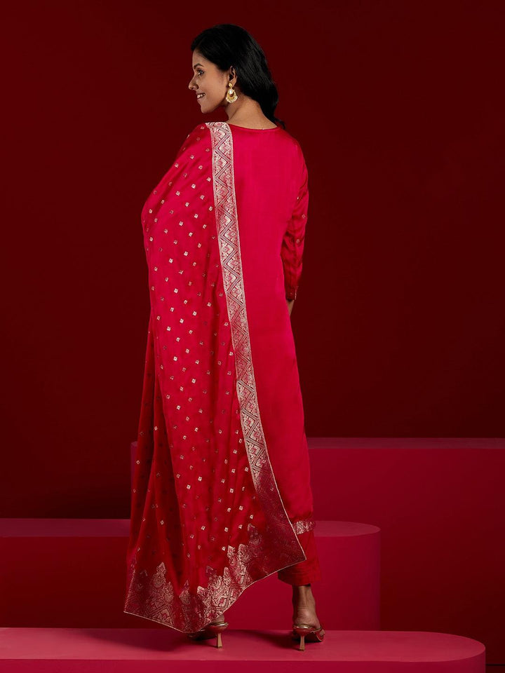 Libas Art Pink Woven Design Silk Straight Kurta With Trousers & Dupatta - ShopLibas