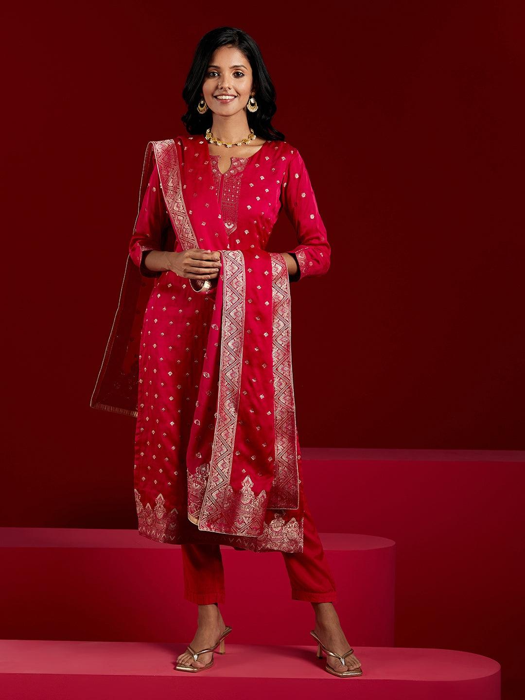 Libas Art Pink Woven Design Silk Straight Kurta With Trousers & Dupatta - ShopLibas