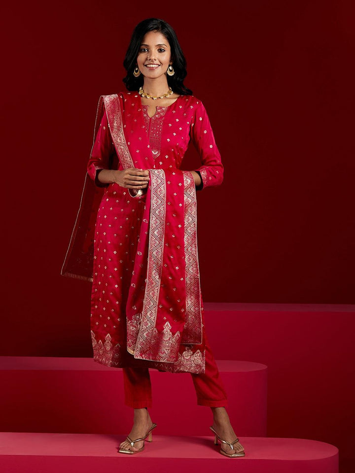 Libas Art Pink Woven Design Silk Straight Kurta With Trousers & Dupatta - ShopLibas