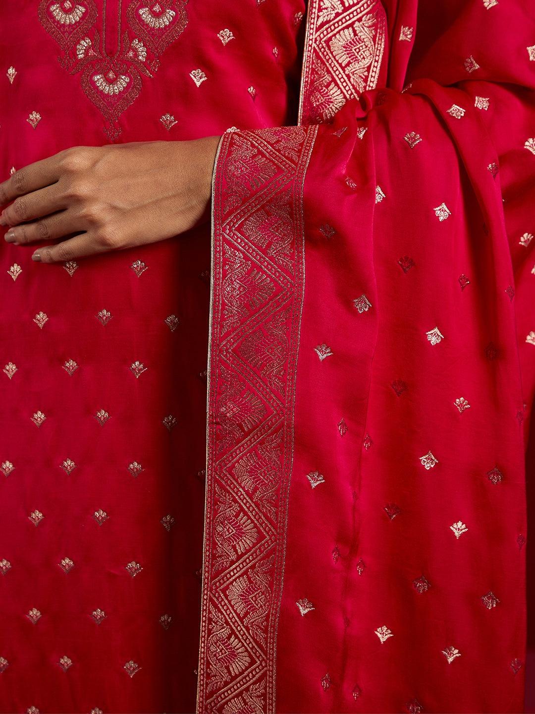 Libas Art Pink Woven Design Silk Straight Kurta With Trousers & Dupatta - ShopLibas