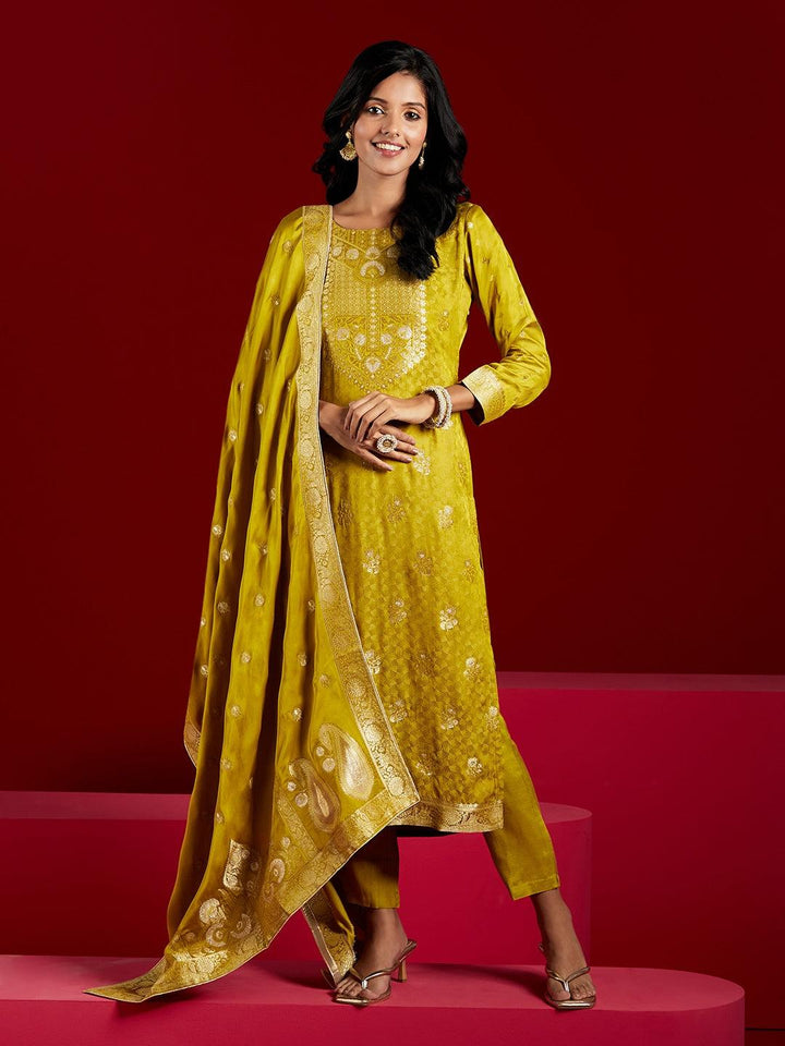 Libas Art Lime Woven Design Silk Straight Kurta With Trousers & Dupatta - ShopLibas