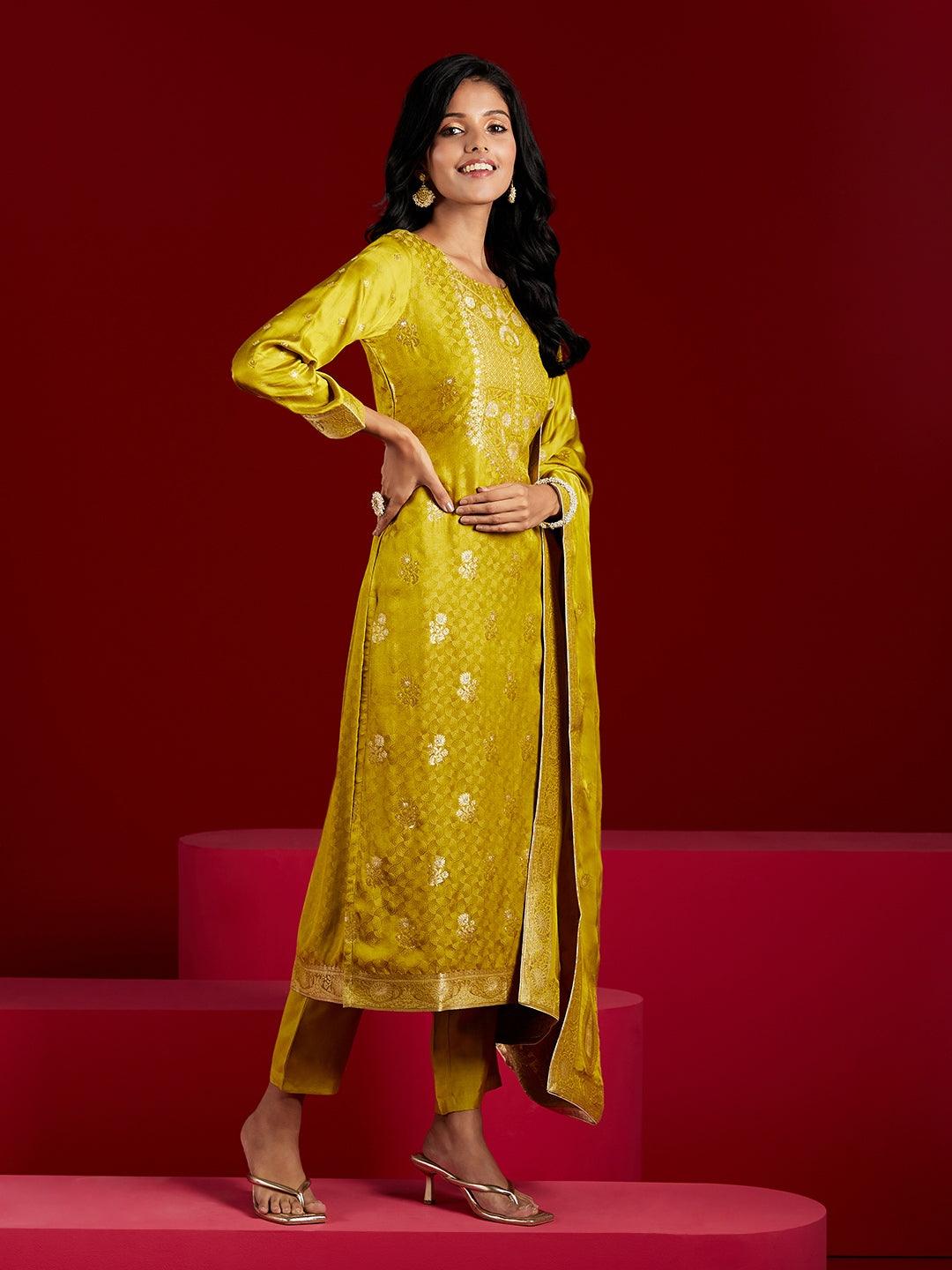 Libas Art Lime Woven Design Silk Straight Kurta With Trousers & Dupatta - ShopLibas