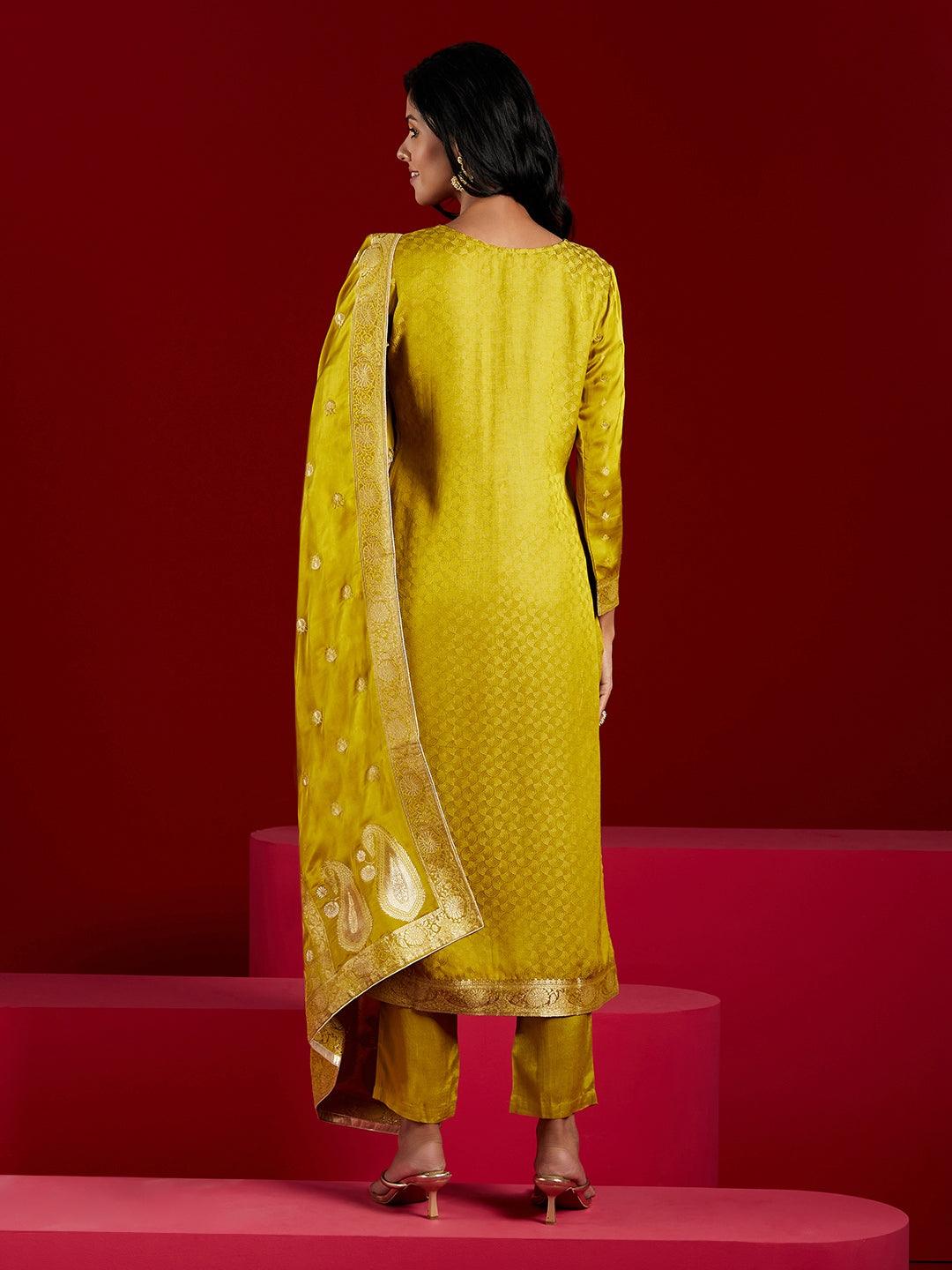 Libas Art Lime Woven Design Silk Straight Kurta With Trousers & Dupatta - ShopLibas