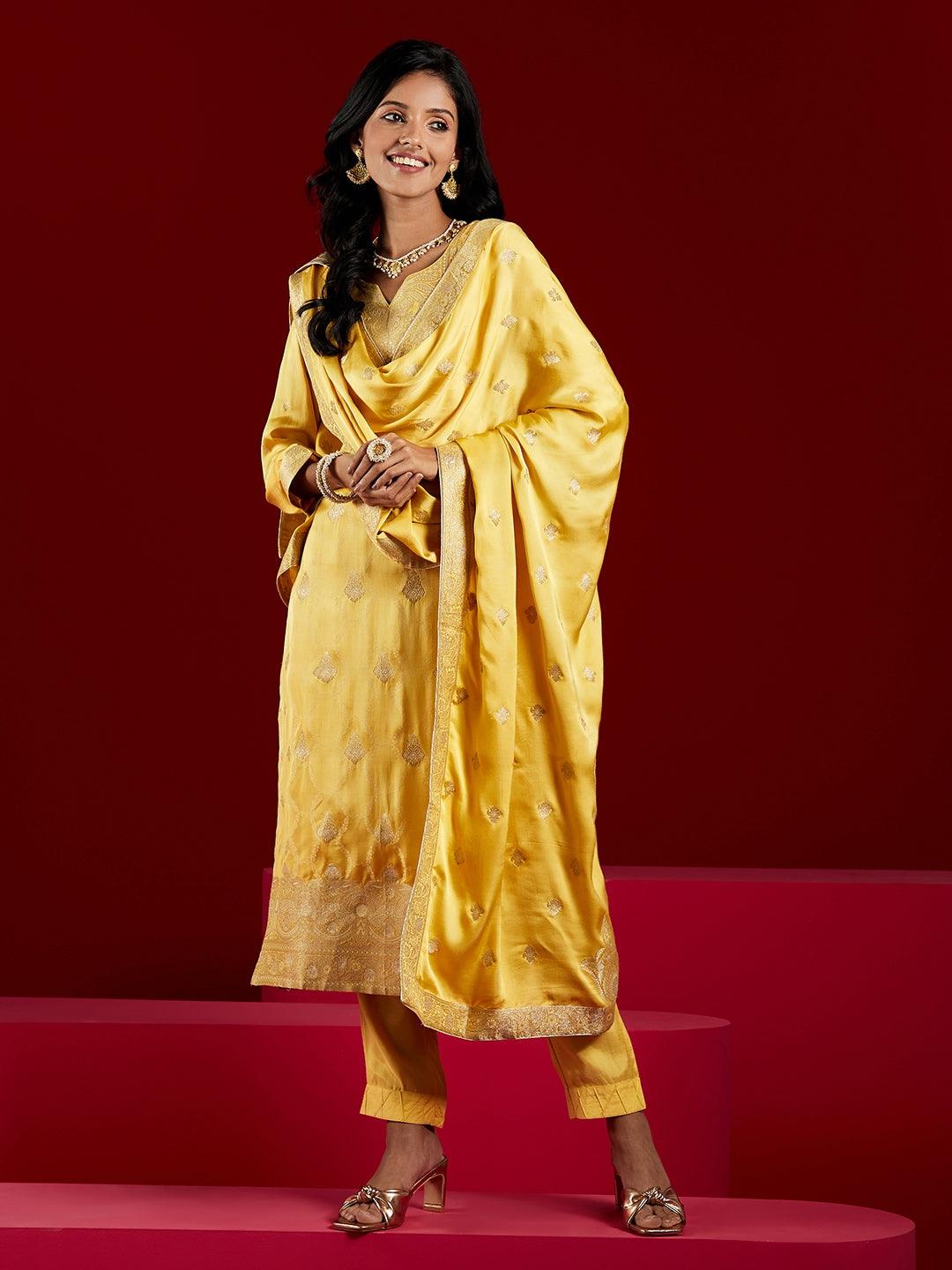 Libas Art Yellow Woven Design Silk Straight Kurta With Trousers & Dupatta - ShopLibas