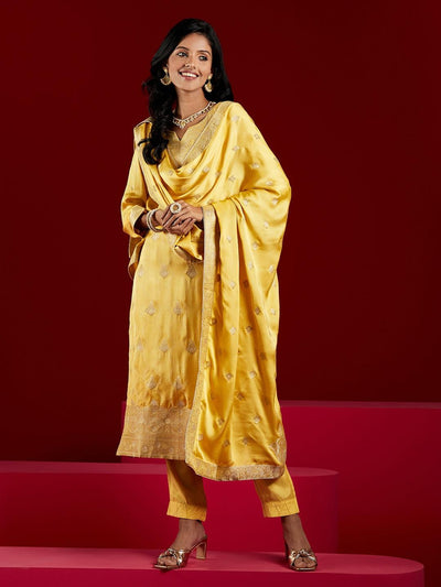 Libas Art Yellow Woven Design Silk Straight Kurta With Trousers & Dupatta - ShopLibas