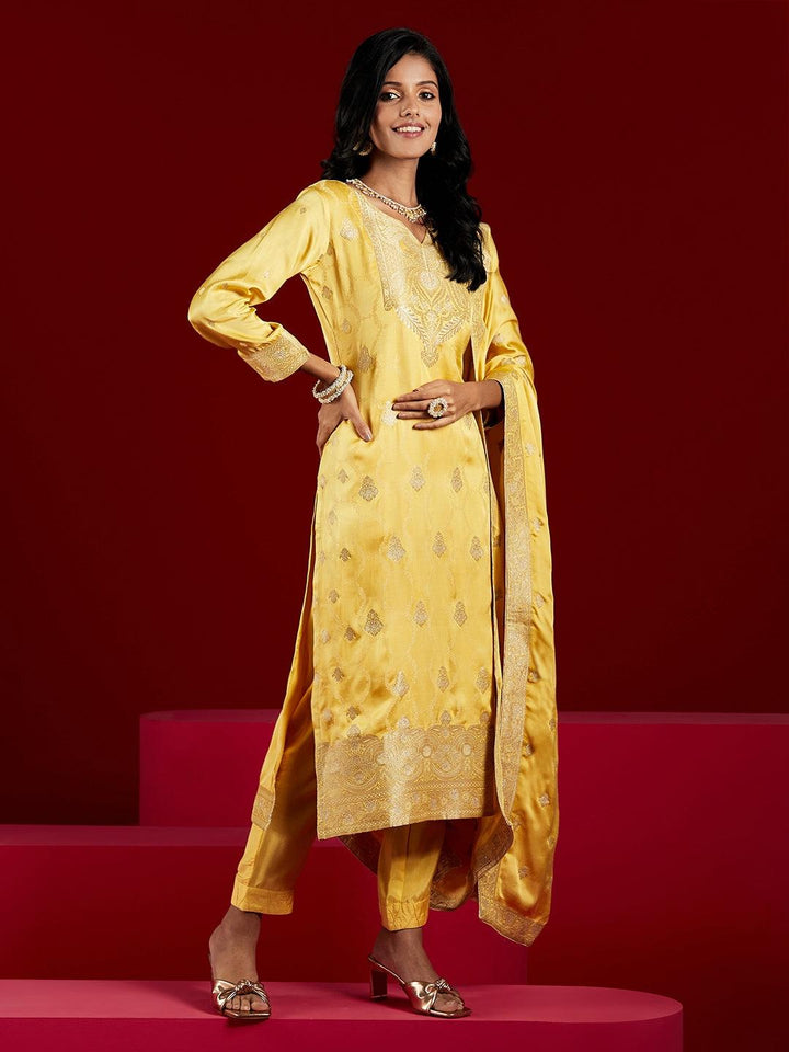 Libas Art Yellow Woven Design Silk Straight Kurta With Trousers & Dupatta - ShopLibas