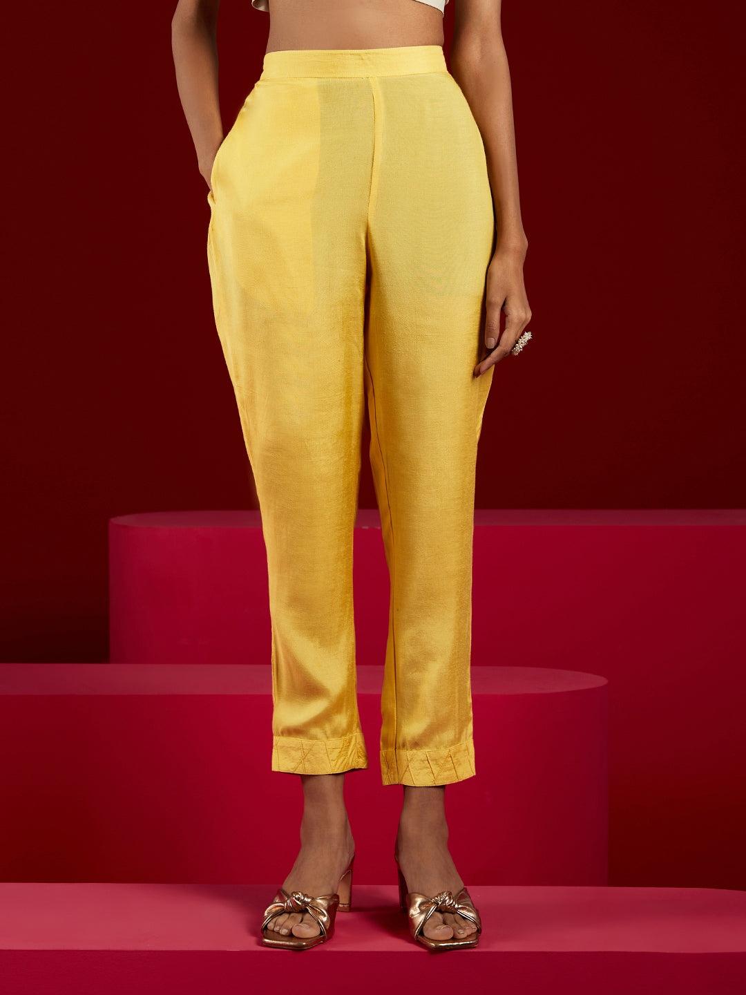 Libas Art Yellow Woven Design Silk Straight Kurta With Trousers & Dupatta - ShopLibas