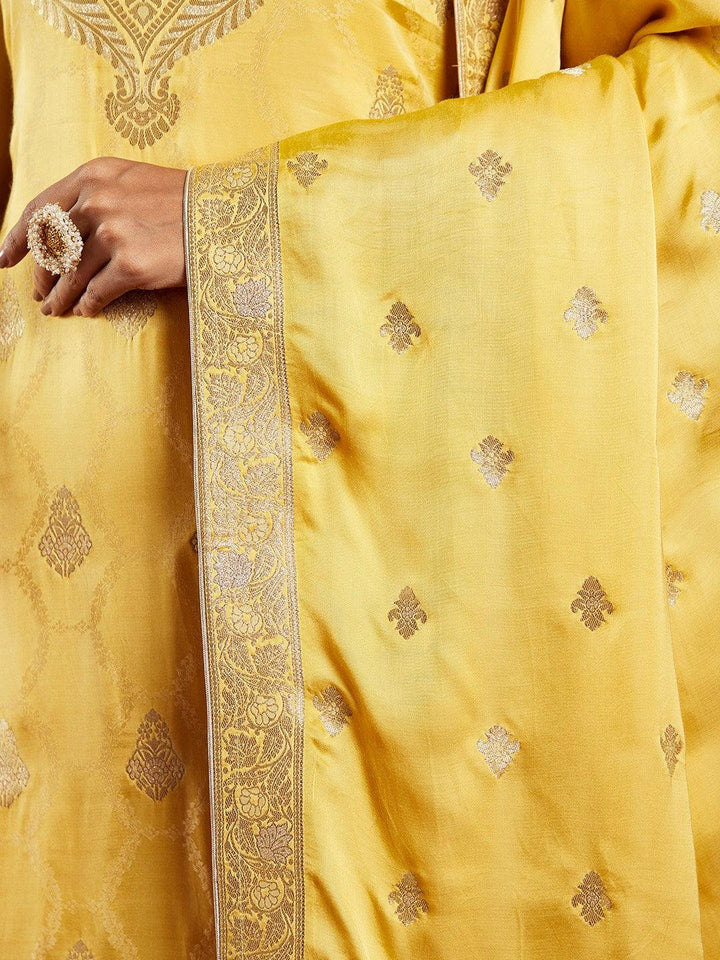 Libas Art Yellow Woven Design Silk Straight Kurta With Trousers & Dupatta - ShopLibas