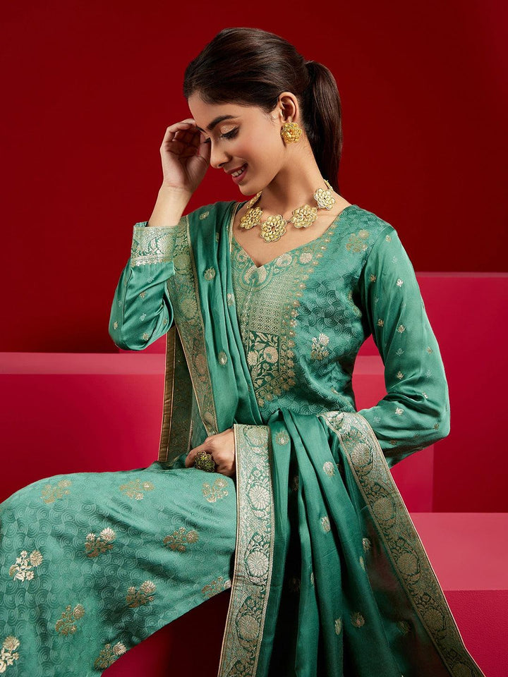 Libas Art Green Woven Design Silk Straight Kurta With Trousers & Dupatta - ShopLibas