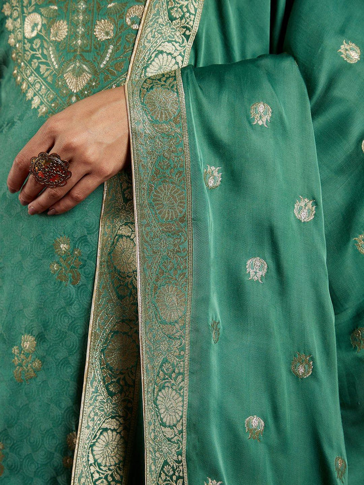 Libas Art Green Woven Design Silk Straight Kurta With Trousers & Dupatta - ShopLibas