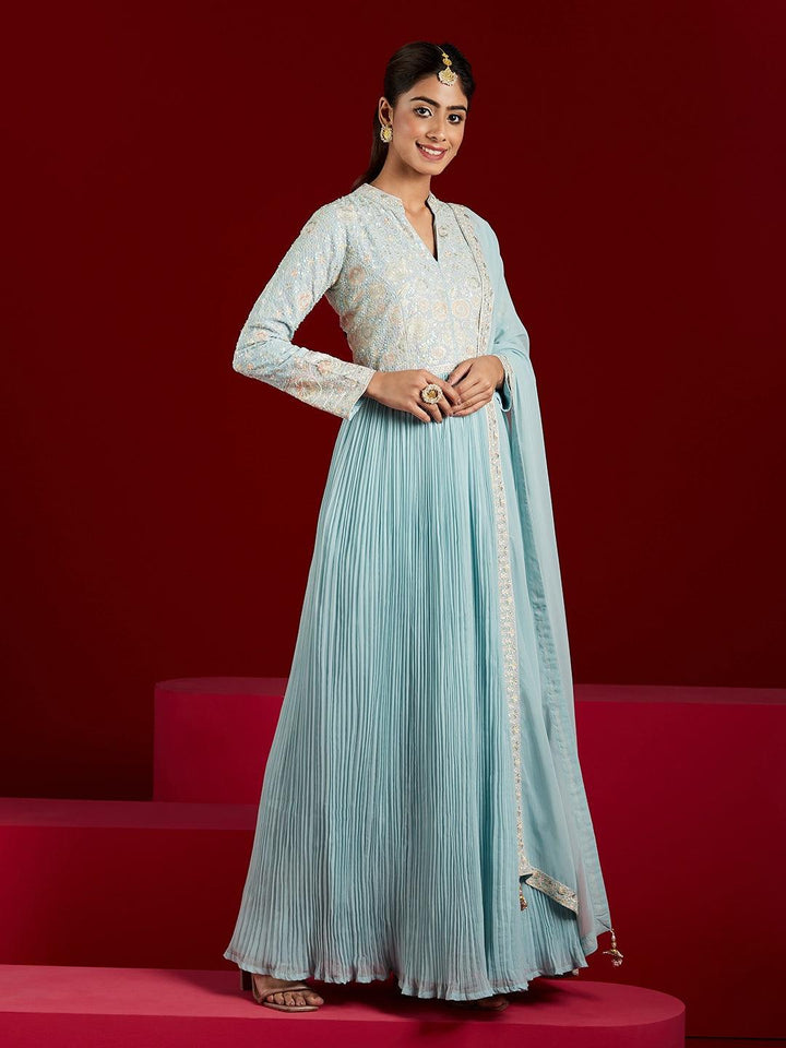 Libas Art Powder Blue Yoke Design Georgette Anarkali Kurta With Trousers & Dupatta - ShopLibas