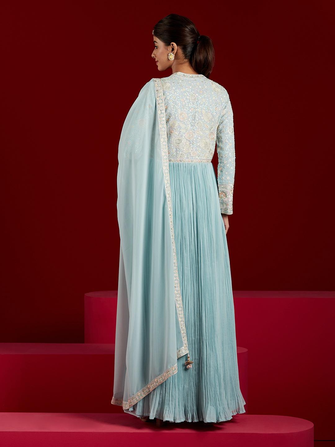 Libas Art Powder Blue Yoke Design Georgette Anarkali Kurta With Trousers & Dupatta - ShopLibas