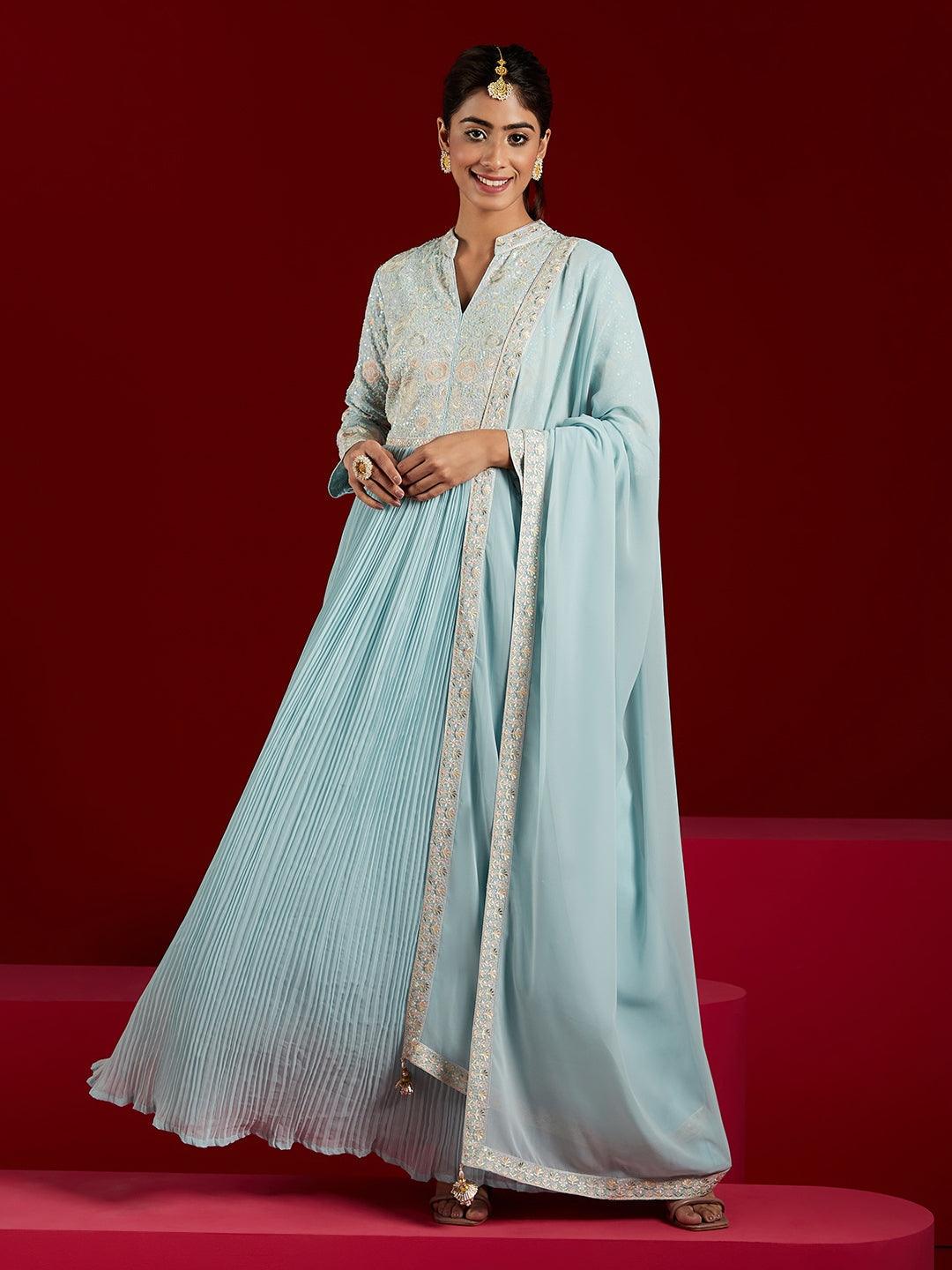 Libas Art Powder Blue Yoke Design Georgette Anarkali Kurta With Trousers & Dupatta - ShopLibas