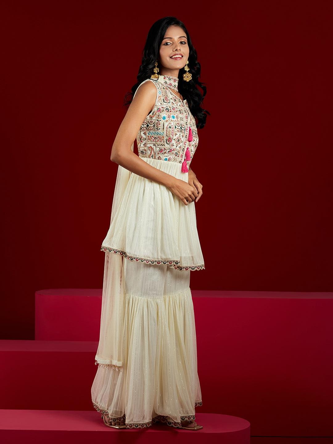 Libas Art Off White Yoke Design Silk Chiffon A-Line Kurta With Sharara & Dupatta - ShopLibas