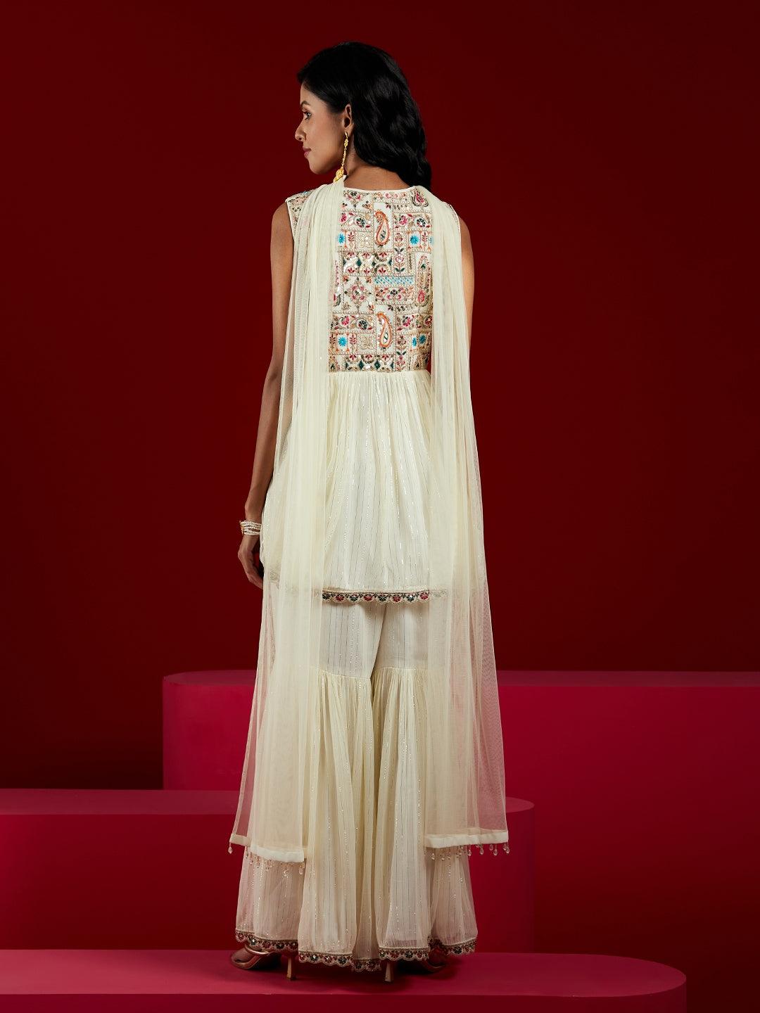 Libas Art Off White Yoke Design Silk Chiffon A-Line Kurta With Sharara & Dupatta - ShopLibas