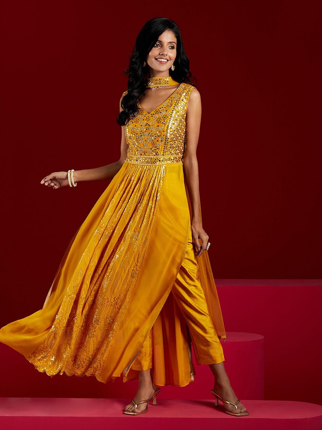Libas Art Yellow Yoke Design Georgette Anarkali Kurta With Trousers & Dupatta - ShopLibas