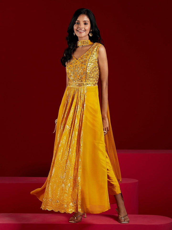 Libas Art Yellow Yoke Design Georgette Anarkali Kurta With Trousers & Dupatta - ShopLibas