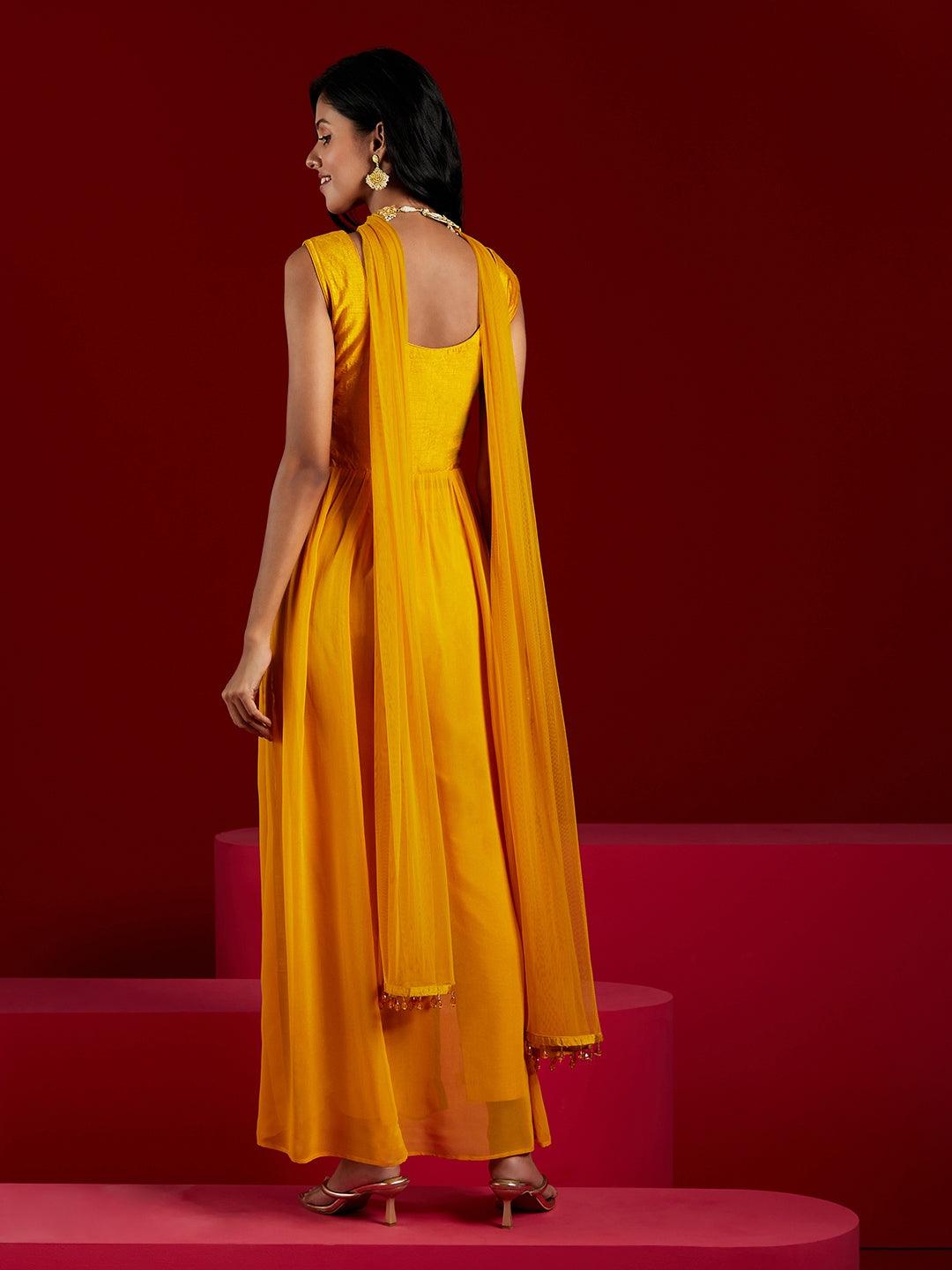 Libas Art Yellow Yoke Design Georgette Anarkali Kurta With Trousers & Dupatta - ShopLibas