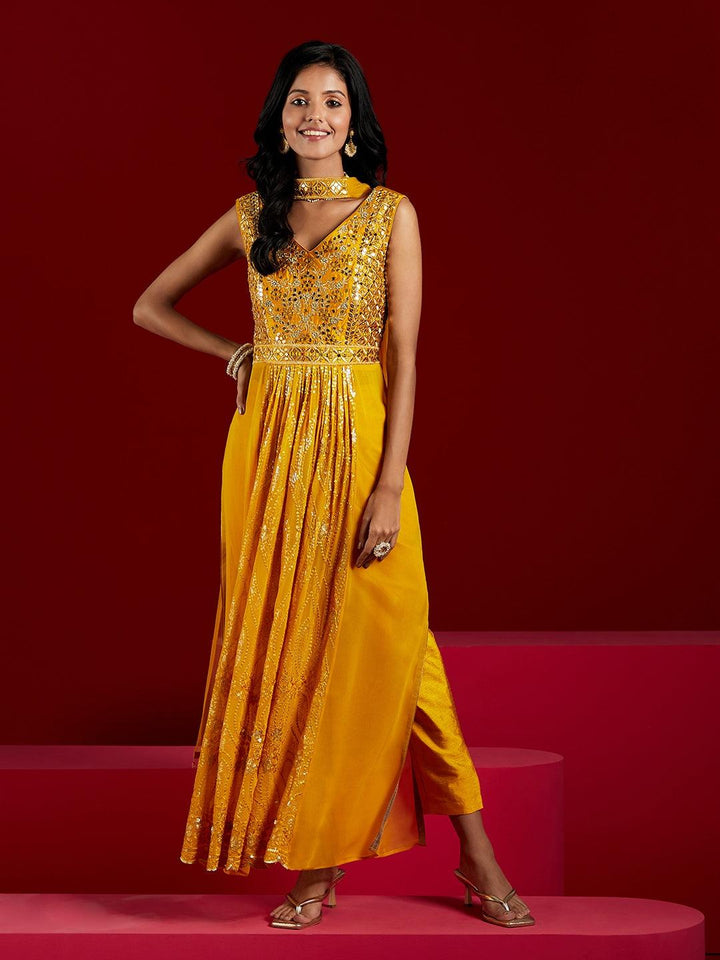 Libas Art Yellow Yoke Design Georgette Anarkali Kurta With Trousers & Dupatta - ShopLibas