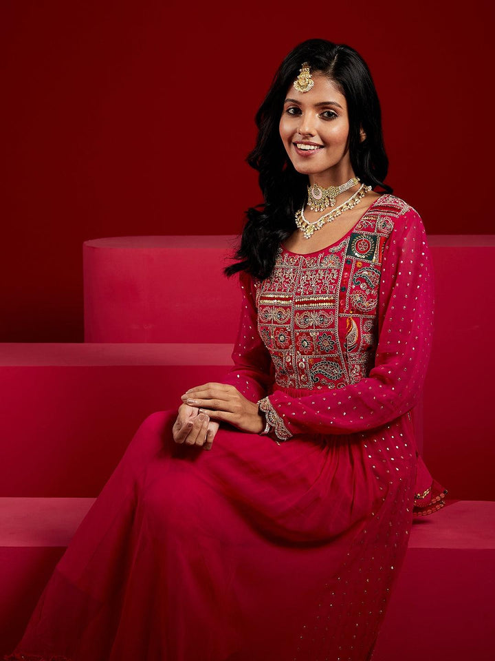 Libas Art Pink Yoke Design Georgette Anarkali Kurta With Trousers & Dupatta - ShopLibas