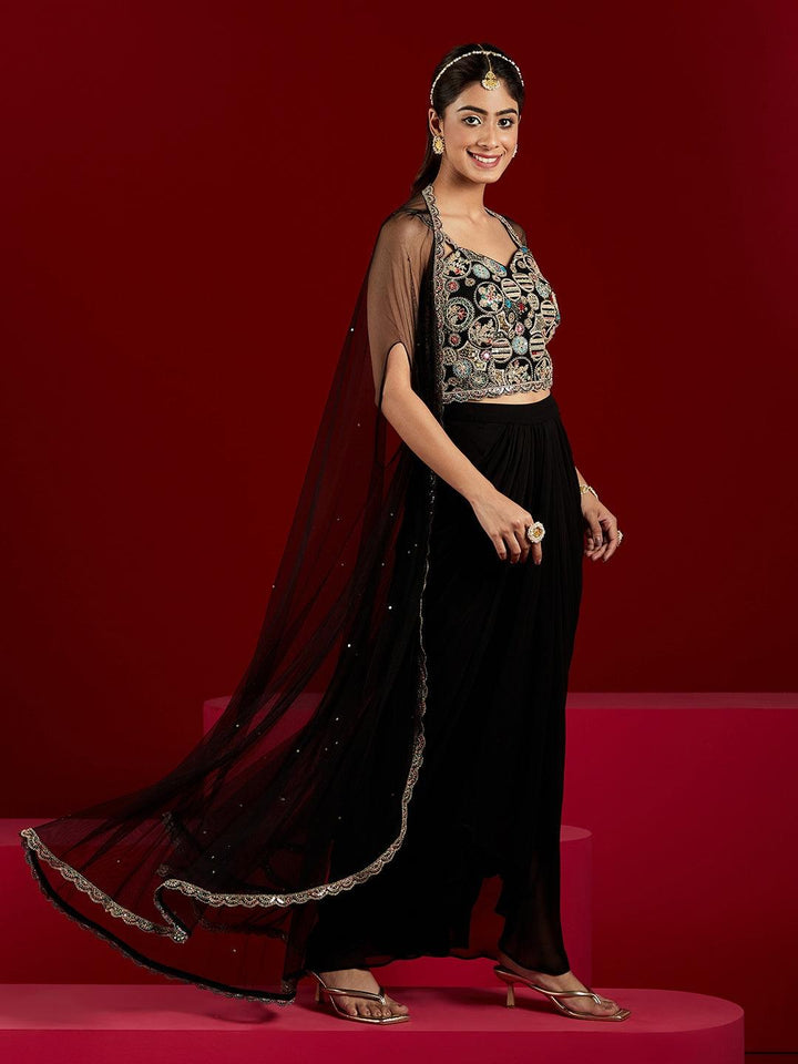 Libas Art Black Embellished Georgette Top With Skirt & Shrug - ShopLibas