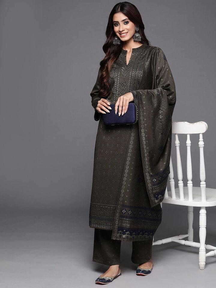 Brown Woven Design Wool Blend Straight Kurta With Trousers & Dupatta - ShopLibas