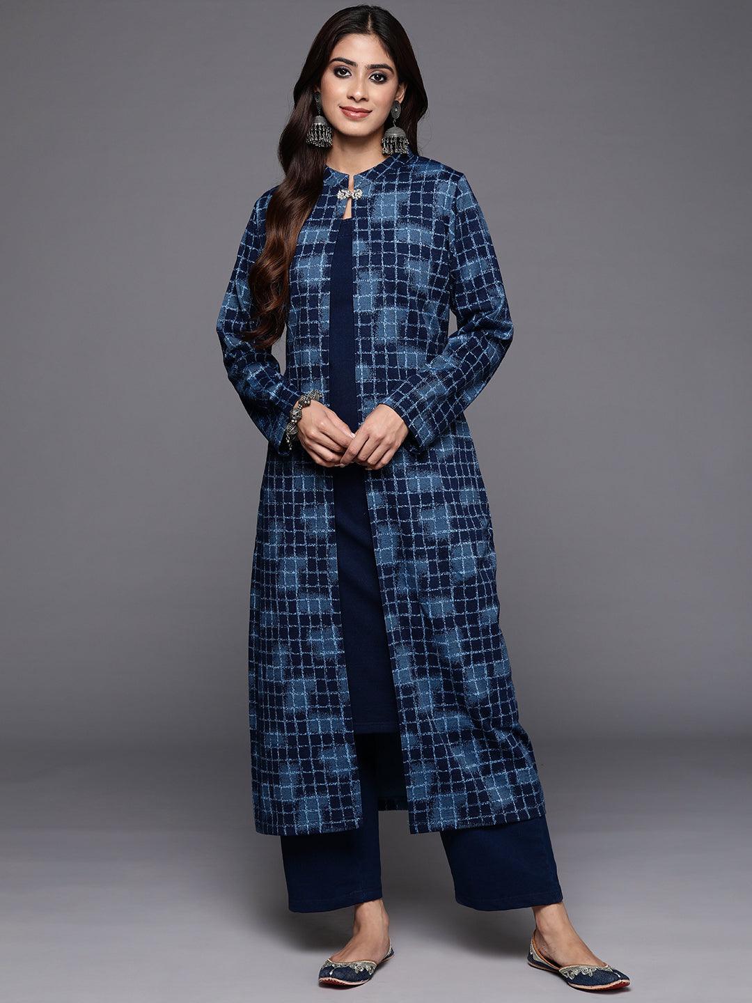Blue Printed Wool Blend Straight Kurta With Trousers - ShopLibas