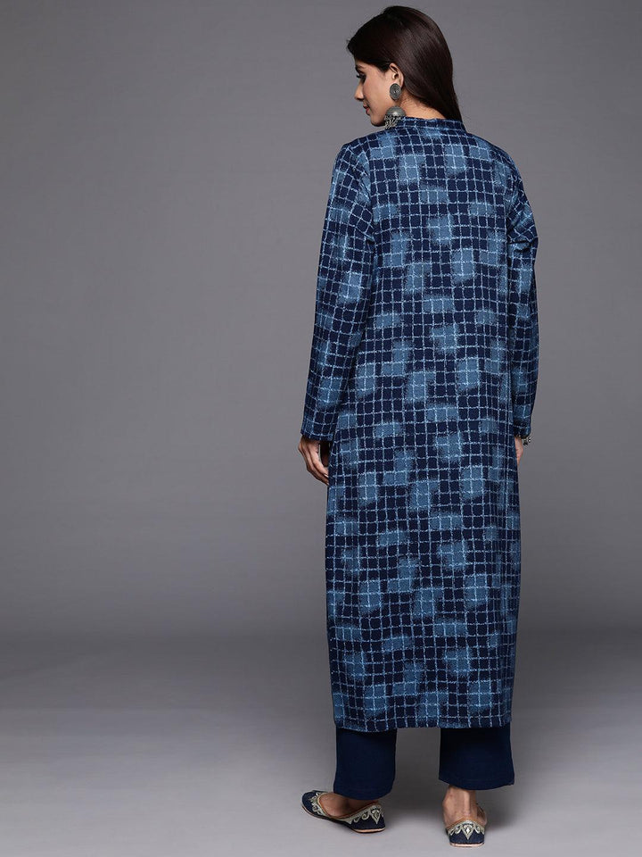 Blue Printed Wool Blend Straight Kurta With Trousers - ShopLibas