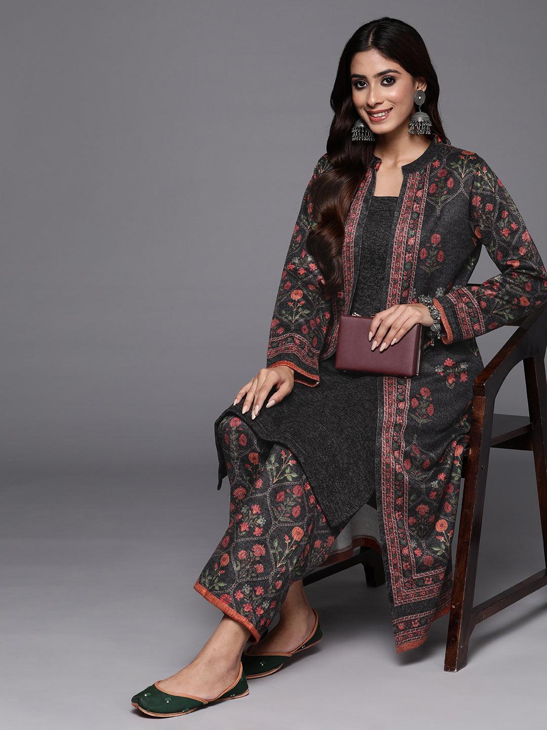 Grey Printed Wool Blend Straight Kurta With Trousers - ShopLibas