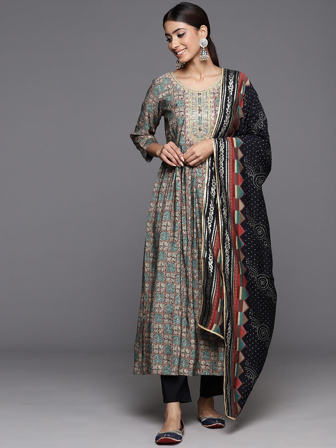 Blue Printed Silk Blend Anarkali Kurta With Trousers & Dupatta - ShopLibas