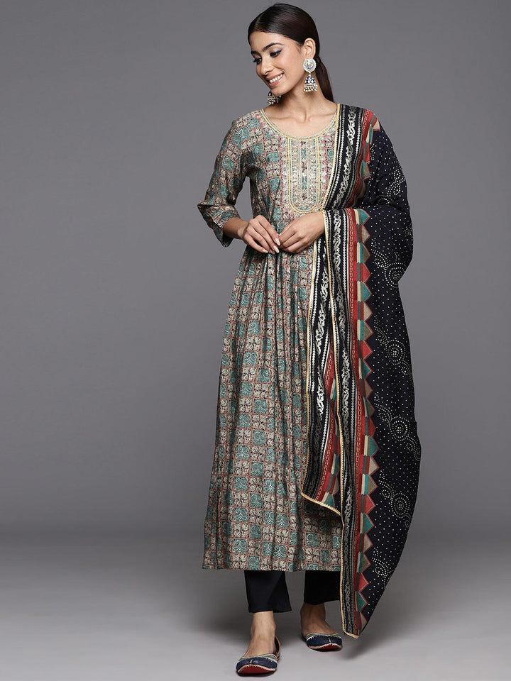 Blue Printed Silk Blend Anarkali Kurta With Trousers & Dupatta - ShopLibas
