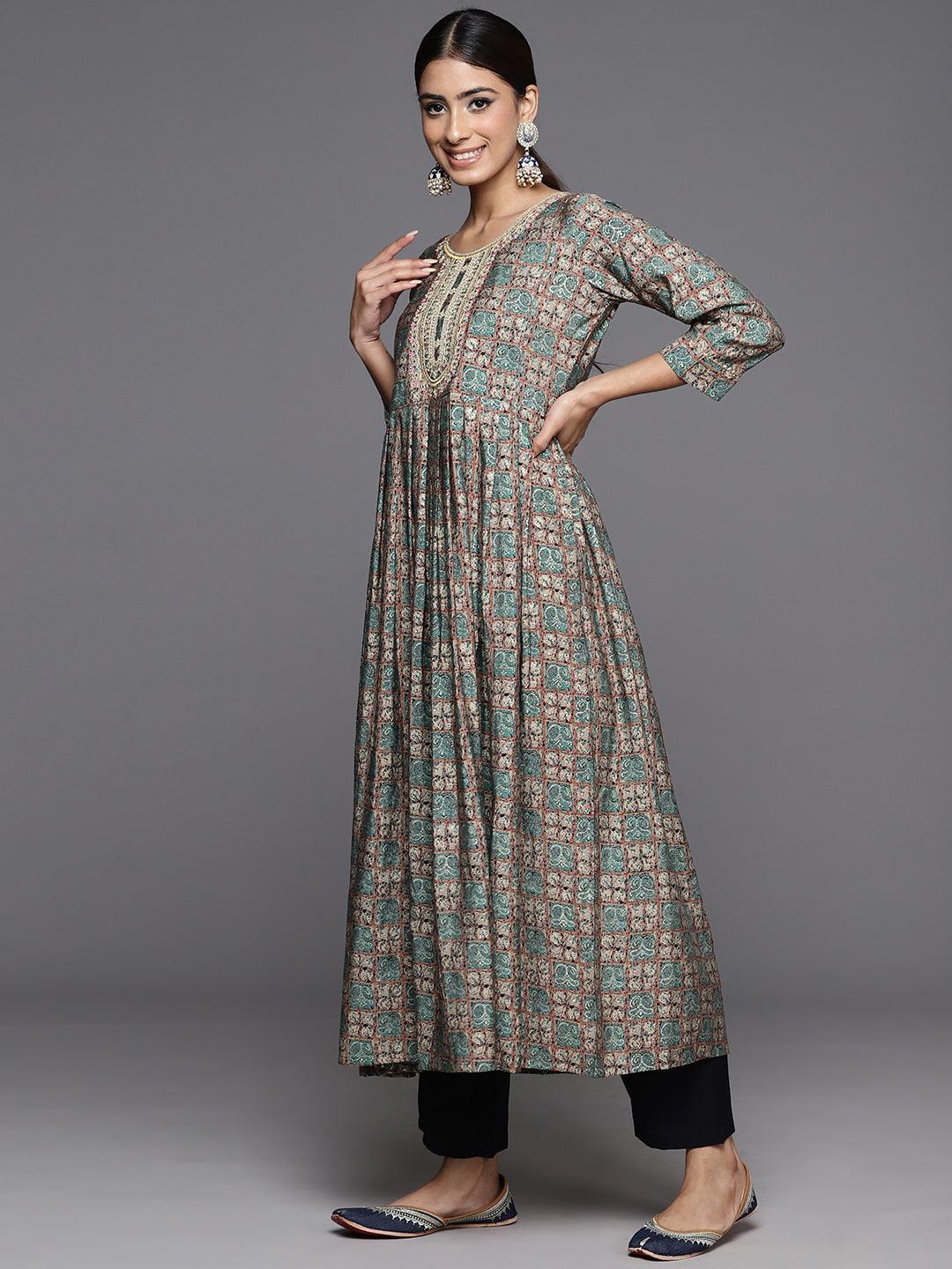 Blue Printed Silk Blend Anarkali Kurta With Trousers & Dupatta - ShopLibas